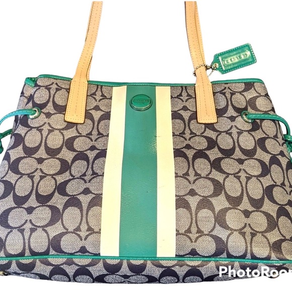 Coach Handbags - Coach Signature Shoulder Bag Green & White